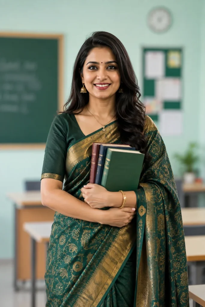 Teacher holding books in a classroom
